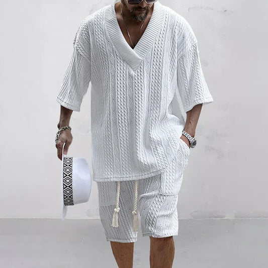 2024 "Men's Summer Knit Two-Piece Set: V-Neck T-Shirt and Shorts "